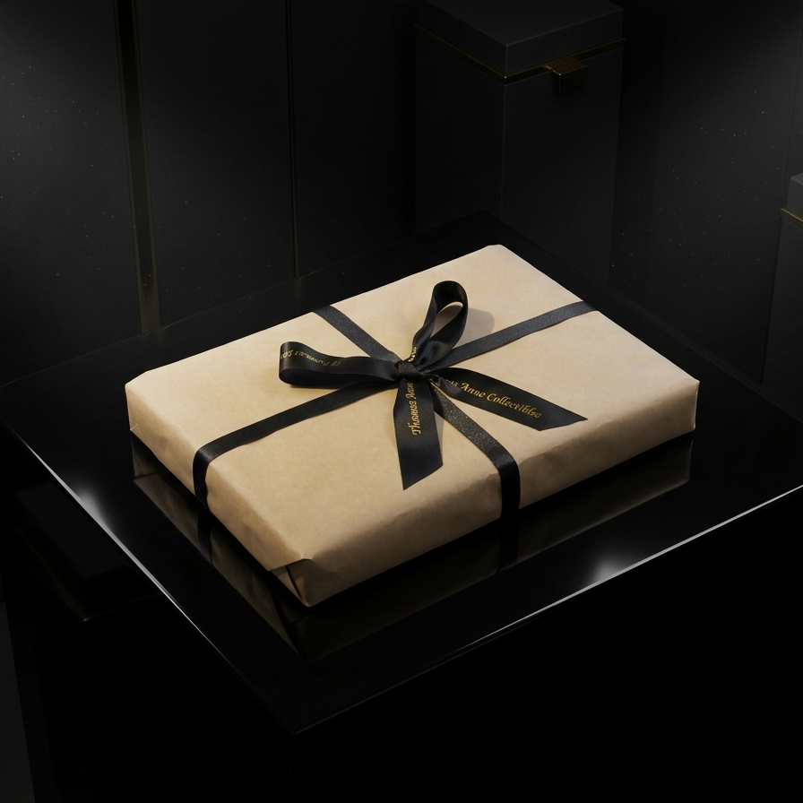 Gift wrapped in beige paper with a black ribbon on a dark surface