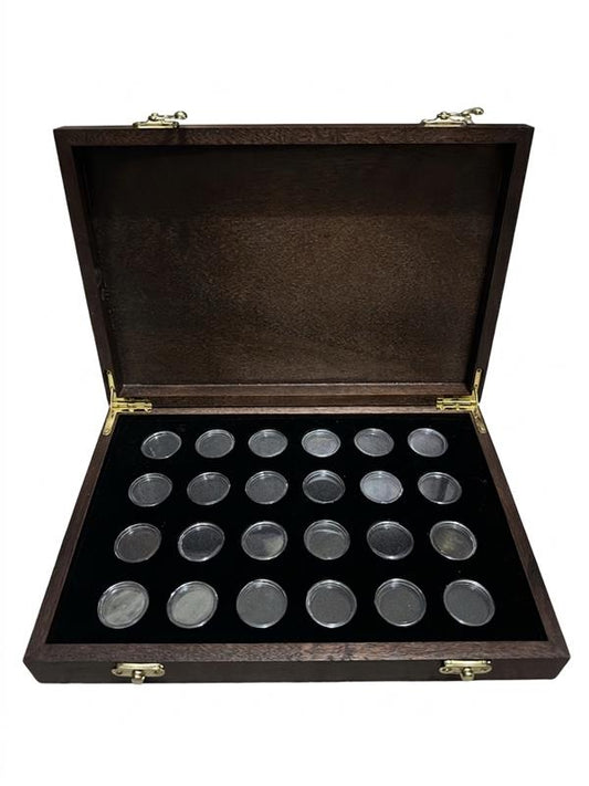 Handcrafted mahogany coin archive case with deep walnut finish and brass latches, featuring 24 slots for Australian one dollar coins