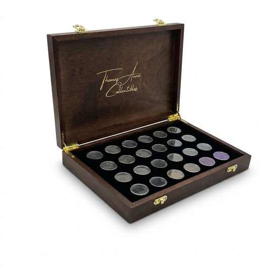 Handcrafted mahogany coin archive case on an angle with deep walnut finish and brass latches, featuring 24 slots for Australian one dollar coins