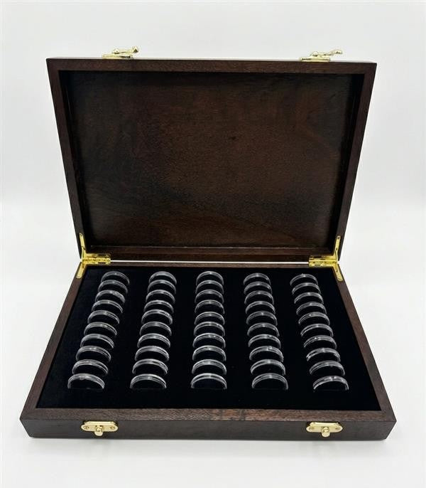 Handcrafted mahogany coin archive case with deep walnut finish and brass latches, featuring 50 slots for Australian one dollar coins