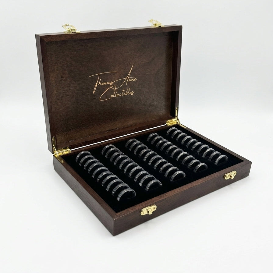 Handcrafted mahogany coin archive case on an angle with deep walnut finish and brass latches, featuring 50 slots for Australian one dollar coins