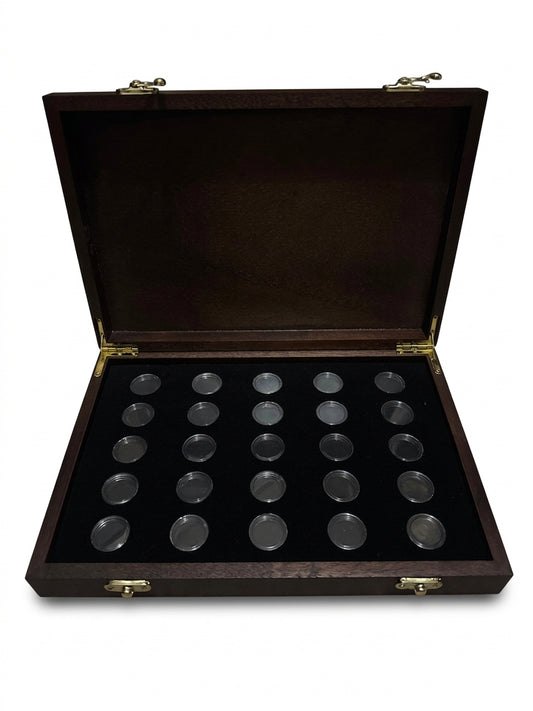 Handcrafted mahogany coin archive case with deep walnut finish and brass latches, featuring 25 slots for Australian two dollar coins