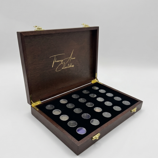 Handcrafted mahogany coin archive case on an angle with deep walnut finish and brass latches, featuring 25 slots for Australian two dollar coins