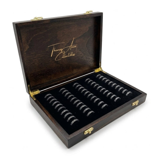 Handcrafted mahogany coin archive case on an angle with deep walnut finish and brass latches, featuring 50 slots for Australian two dollar coins