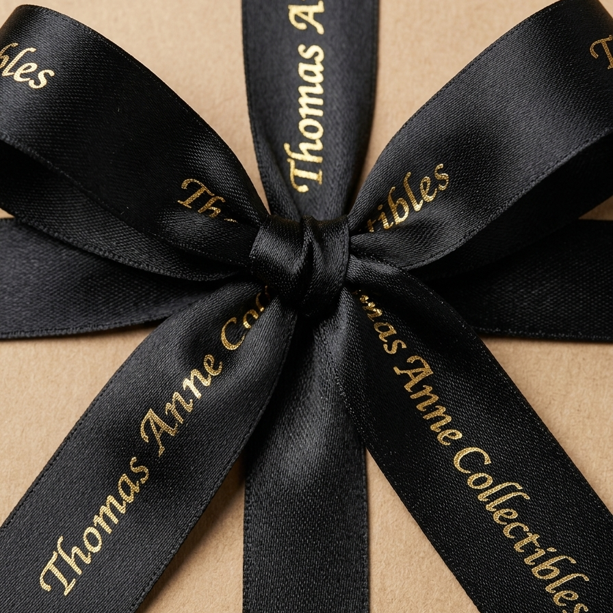 Gift box with a black ribbon featuring 'Thomas Anne Collectibles' text on a beige background